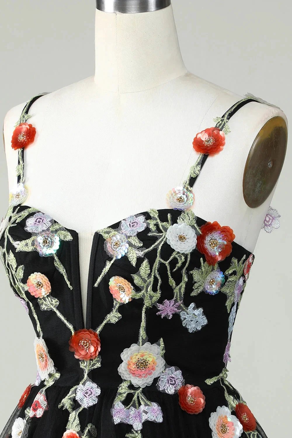 Black A Line Spaghetti Straps Sequin Homecoming Dress with Flowers by WEDTREND