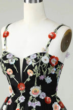 Black A Line Spaghetti Straps Sequin Homecoming Dress with Flowers by WEDTREND