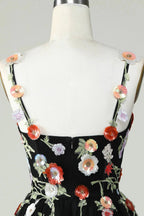 Black A Line Spaghetti Straps Sequin Homecoming Dress with Flowers by WEDTREND