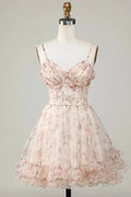 Champagne A-Line Corset Floral Short Homecoming Dress with Lace Up Back by WEDTREND