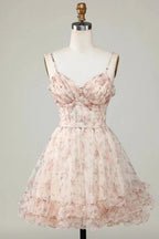Champagne A-Line Corset Floral Short Homecoming Dress with Lace Up Back by WEDTREND