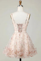 Champagne A-Line Corset Floral Short Homecoming Dress with Lace Up Back by WEDTREND