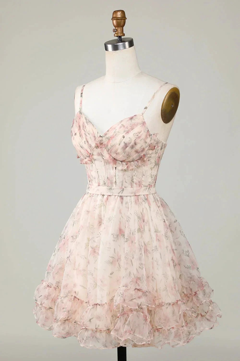 Champagne A-Line Corset Floral Short Homecoming Dress with Lace Up Back by WEDTREND