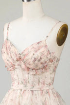 Champagne A-Line Corset Floral Short Homecoming Dress with Lace Up Back by WEDTREND