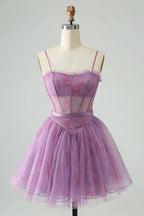 Cute Purple A Line Spaghetti Straps Print Corset Short Homecoming Dress by WEDTREND