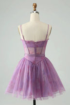 Cute Purple A Line Spaghetti Straps Print Corset Short Homecoming Dress by WEDTREND