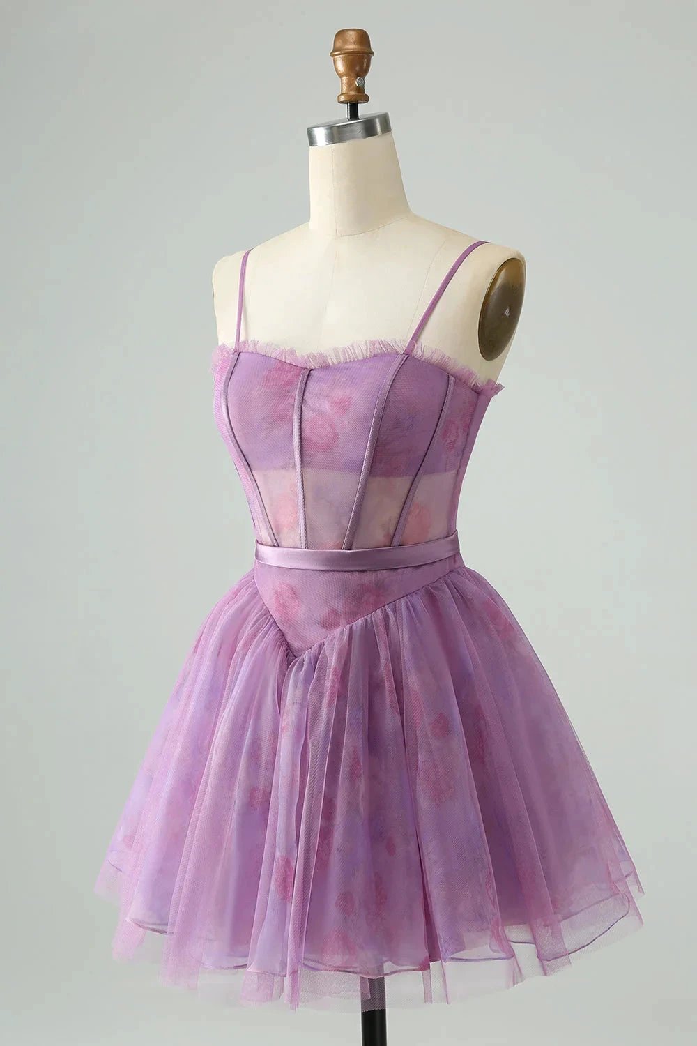 Cute Purple A Line Spaghetti Straps Print Corset Short Homecoming Dress by WEDTREND