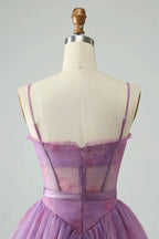 Cute Purple A Line Spaghetti Straps Print Corset Short Homecoming Dress by WEDTREND