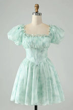 Cute Light Green A Line Square Neck Floral Short Homecoming Dress with Ruffles by WEDTREND