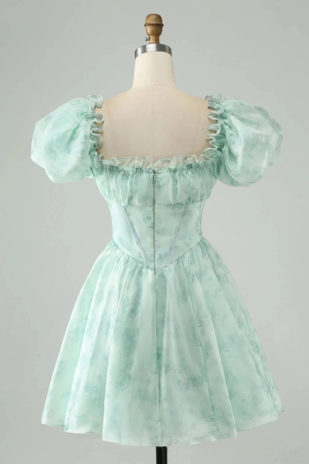 Cute Light Green A Line Square Neck Floral Short Homecoming Dress with Ruffles by WEDTREND