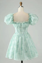 Cute Light Green A Line Square Neck Floral Short Homecoming Dress with Ruffles by WEDTREND