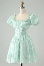 Cute Light Green A Line Square Neck Floral Short Homecoming Dress with Ruffles by WEDTREND