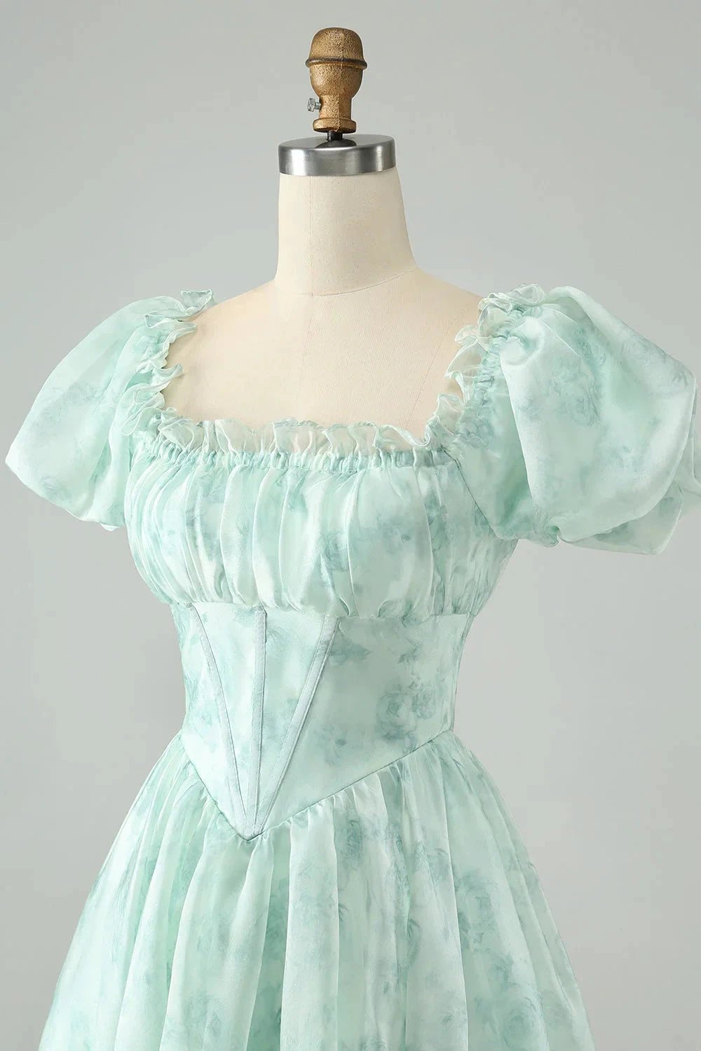 Cute Light Green A Line Square Neck Floral Short Homecoming Dress with Ruffles by WEDTREND