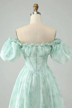 Cute Light Green A Line Square Neck Floral Short Homecoming Dress with Ruffles by WEDTREND