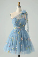 A Line One Shoulder Grey Blue Tulle Homecoming Dress with Floral Embroidery by WEDTREND