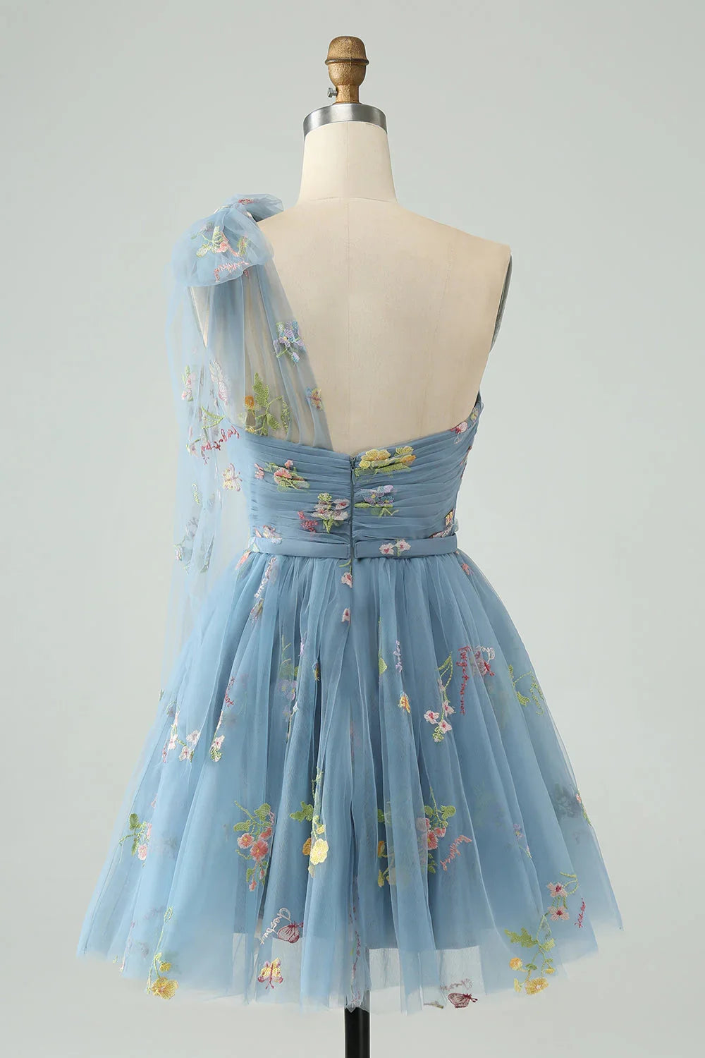 A Line One Shoulder Grey Blue Tulle Homecoming Dress with Floral Embroidery