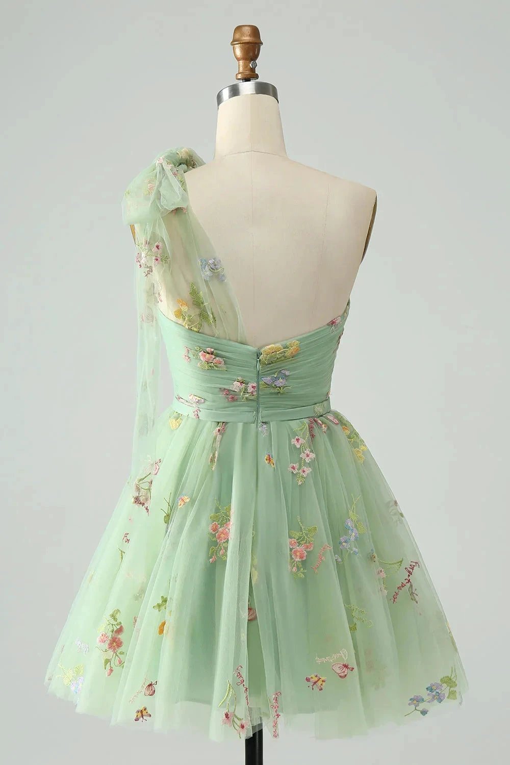 A Line One Shoulder Grey Blue Tulle Homecoming Dress with Floral Embroidery by WEDTREND