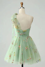 A Line One Shoulder Grey Blue Tulle Homecoming Dress with Floral Embroidery by WEDTREND