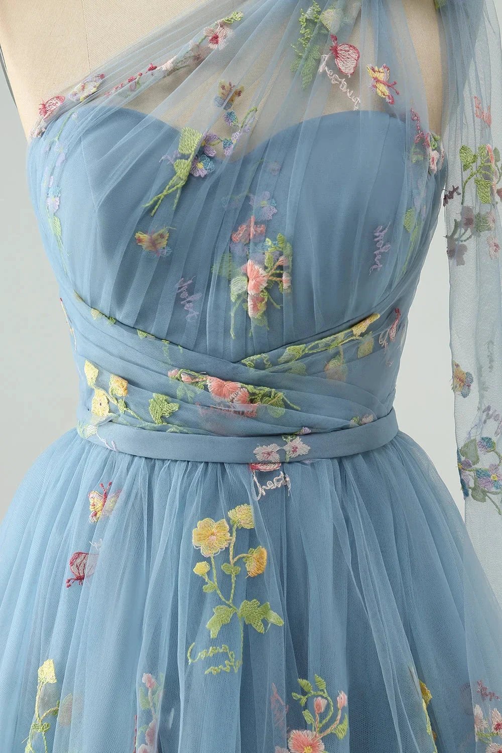 A Line One Shoulder Grey Blue Tulle Homecoming Dress with Floral Embroidery by WEDTREND