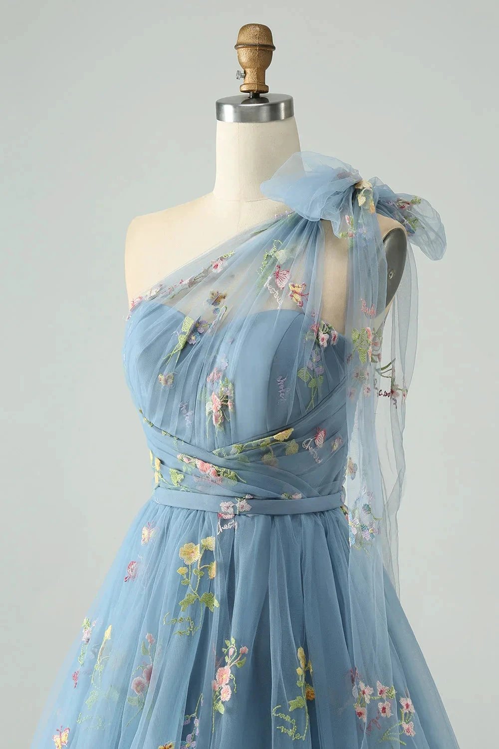A Line One Shoulder Grey Blue Tulle Homecoming Dress with Floral Embroidery by WEDTREND