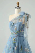 A Line One Shoulder Grey Blue Tulle Homecoming Dress with Floral Embroidery by WEDTREND