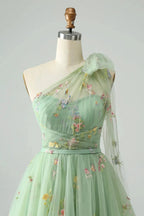 A Line One Shoulder Grey Blue Tulle Homecoming Dress with Floral Embroidery by WEDTREND