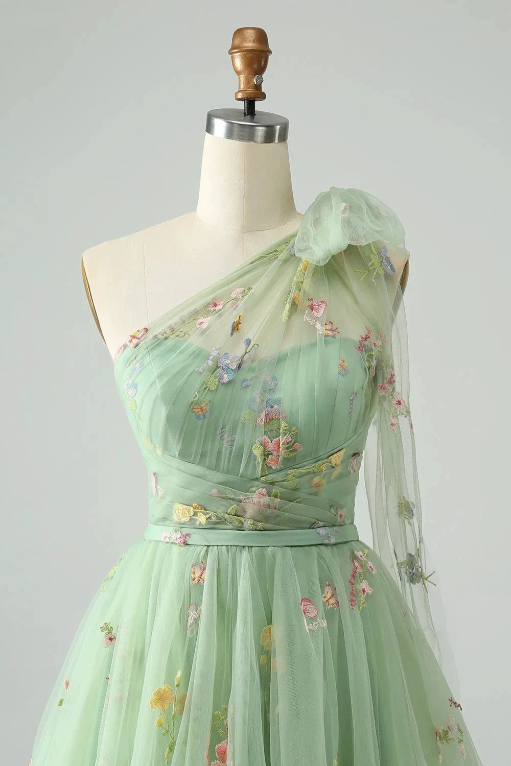 A Line One Shoulder Grey Blue Tulle Homecoming Dress with Floral Embroidery by WEDTREND
