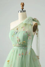 A Line One Shoulder Grey Blue Tulle Homecoming Dress with Floral Embroidery by WEDTREND