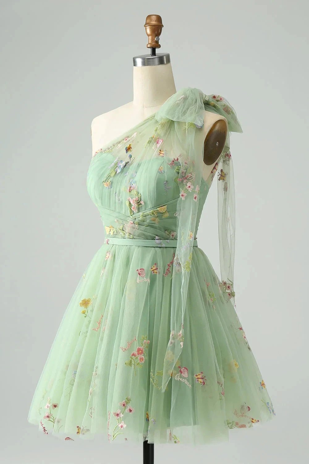 A Line One Shoulder Grey Blue Tulle Homecoming Dress with Floral Embroidery by WEDTREND