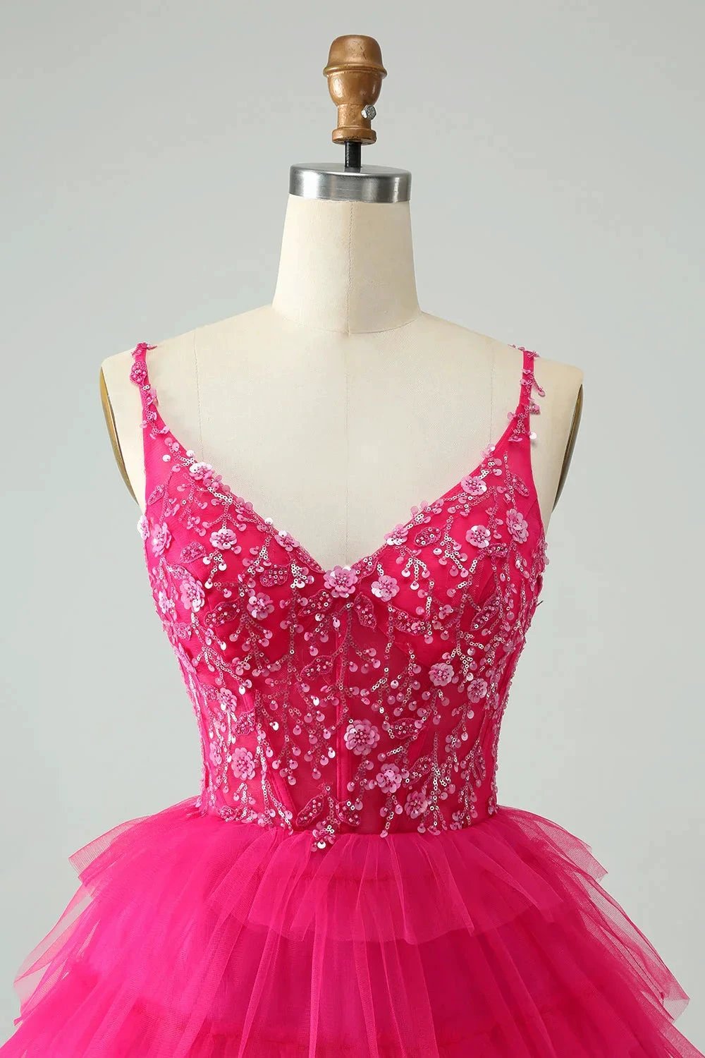 Cute Fuchsia A Line Spaghetti Straps Tiered Short Homecoming Dress with Sequins by WEDTREND