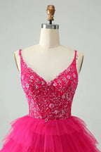 Cute Fuchsia A Line Spaghetti Straps Tiered Short Homecoming Dress with Sequins by WEDTREND