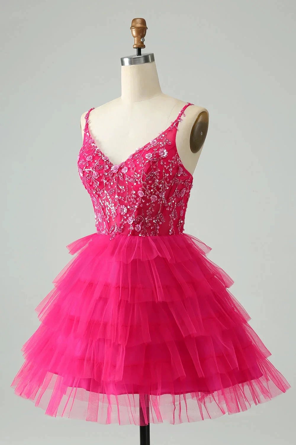 Cute Fuchsia A Line Spaghetti Straps Tiered Short Homecoming Dress with Sequins by WEDTREND