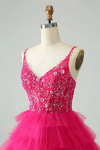 Cute Fuchsia A Line Spaghetti Straps Tiered Short Homecoming Dress with Sequins by WEDTREND