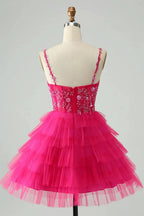 Cute Fuchsia A Line Spaghetti Straps Tiered Short Homecoming Dress with Sequins by WEDTREND