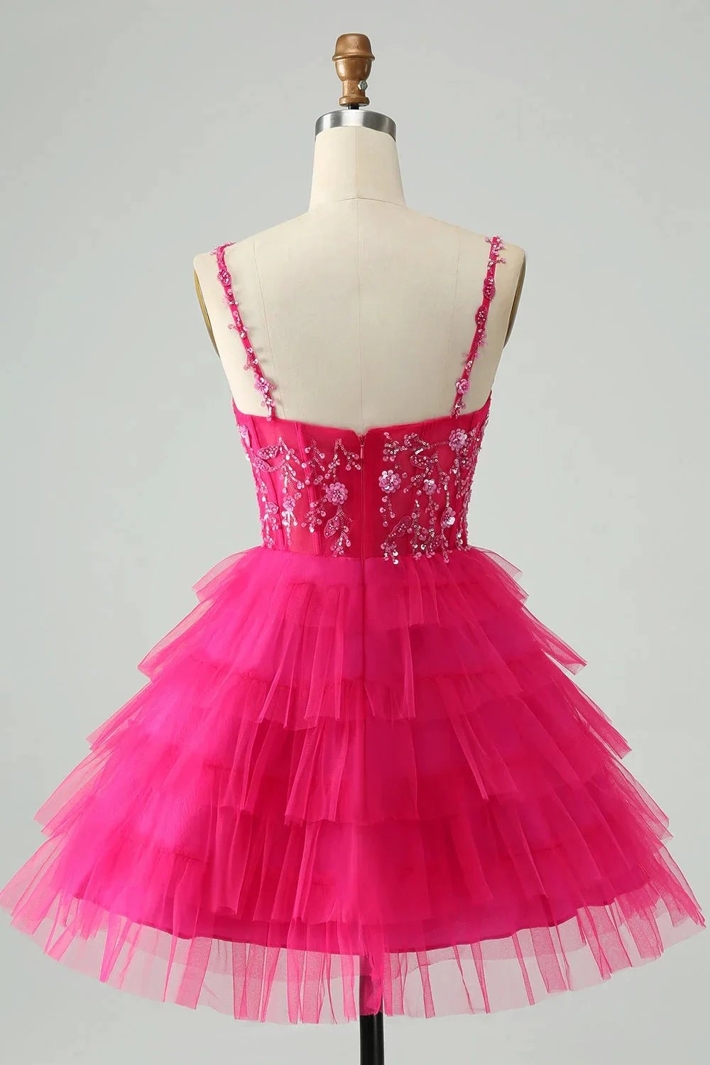 Cute Fuchsia A Line Spaghetti Straps Tiered Short Homecoming Dress with Sequins by WEDTREND
