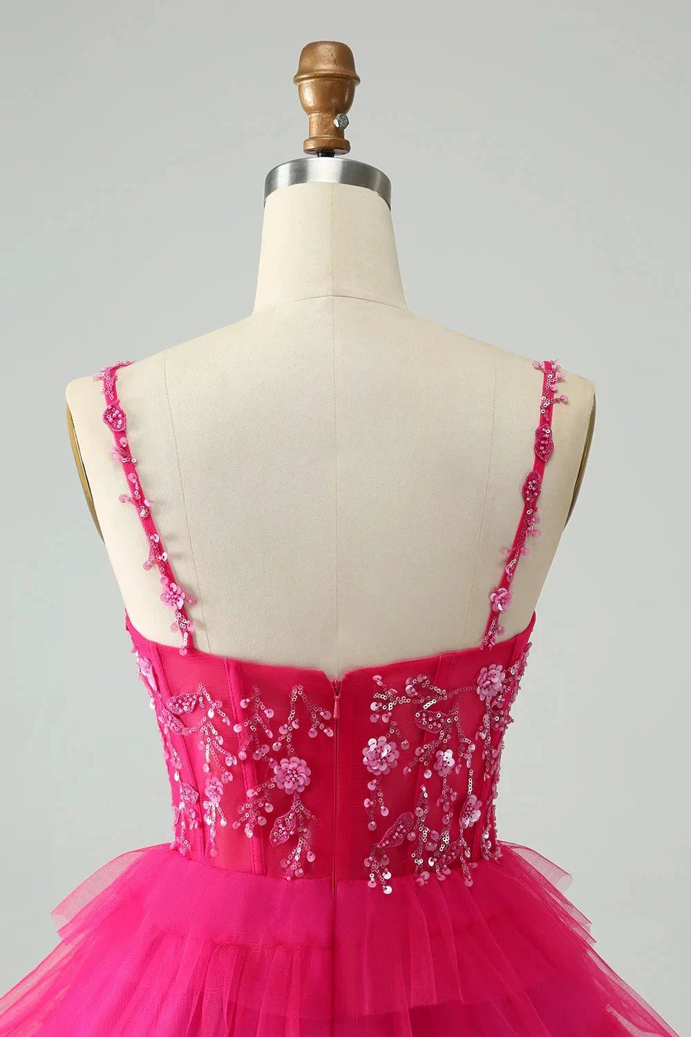 Cute Fuchsia A Line Spaghetti Straps Tiered Short Homecoming Dress with Sequins by WEDTREND