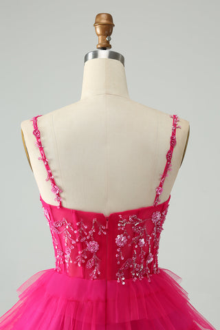 Cute Fuchsia A Line Spaghetti Straps Tiered Short Homecoming Dress with Sequins
