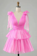 Cute Hot Pink A Line V Neck Backless Pleated Tiered Short Homecoming Dress by WEDTREND