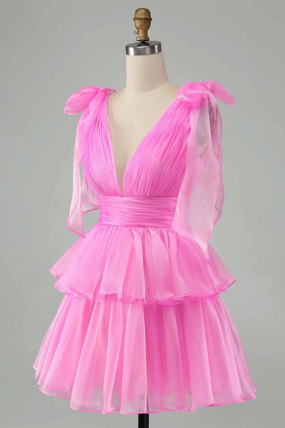 Cute Hot Pink A Line V Neck Backless Pleated Tiered Short Homecoming Dress by WEDTREND