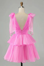 Cute Hot Pink A Line V Neck Backless Pleated Tiered Short Homecoming Dress by WEDTREND
