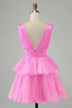 Cute Hot Pink A Line V Neck Backless Pleated Tiered Short Homecoming Dress by WEDTREND