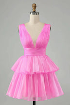 Cute Hot Pink A Line V Neck Backless Pleated Tiered Short Homecoming Dress by WEDTREND