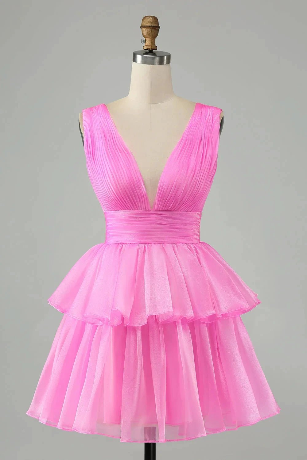 Cute Hot Pink A Line V Neck Backless Pleated Tiered Short Homecoming Dress by WEDTREND
