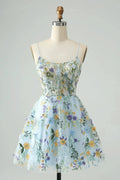 Blue Flower A Line Spaghetti Straps Corset Short Homecoming Dress with Embroidery by WEDTREND