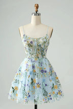 Blue Flower A Line Spaghetti Straps Corset Short Homecoming Dress with Embroidery by WEDTREND