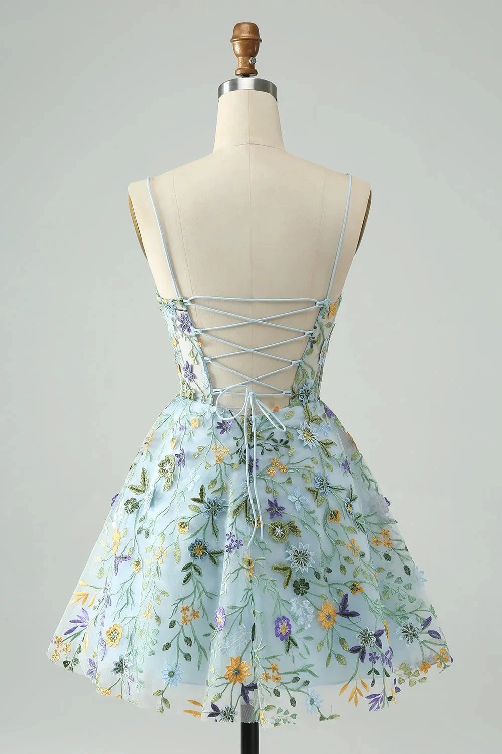 Blue Flower A Line Spaghetti Straps Corset Short Homecoming Dress with Embroidery by WEDTREND