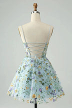 Blue Flower A Line Spaghetti Straps Corset Short Homecoming Dress with Embroidery by WEDTREND