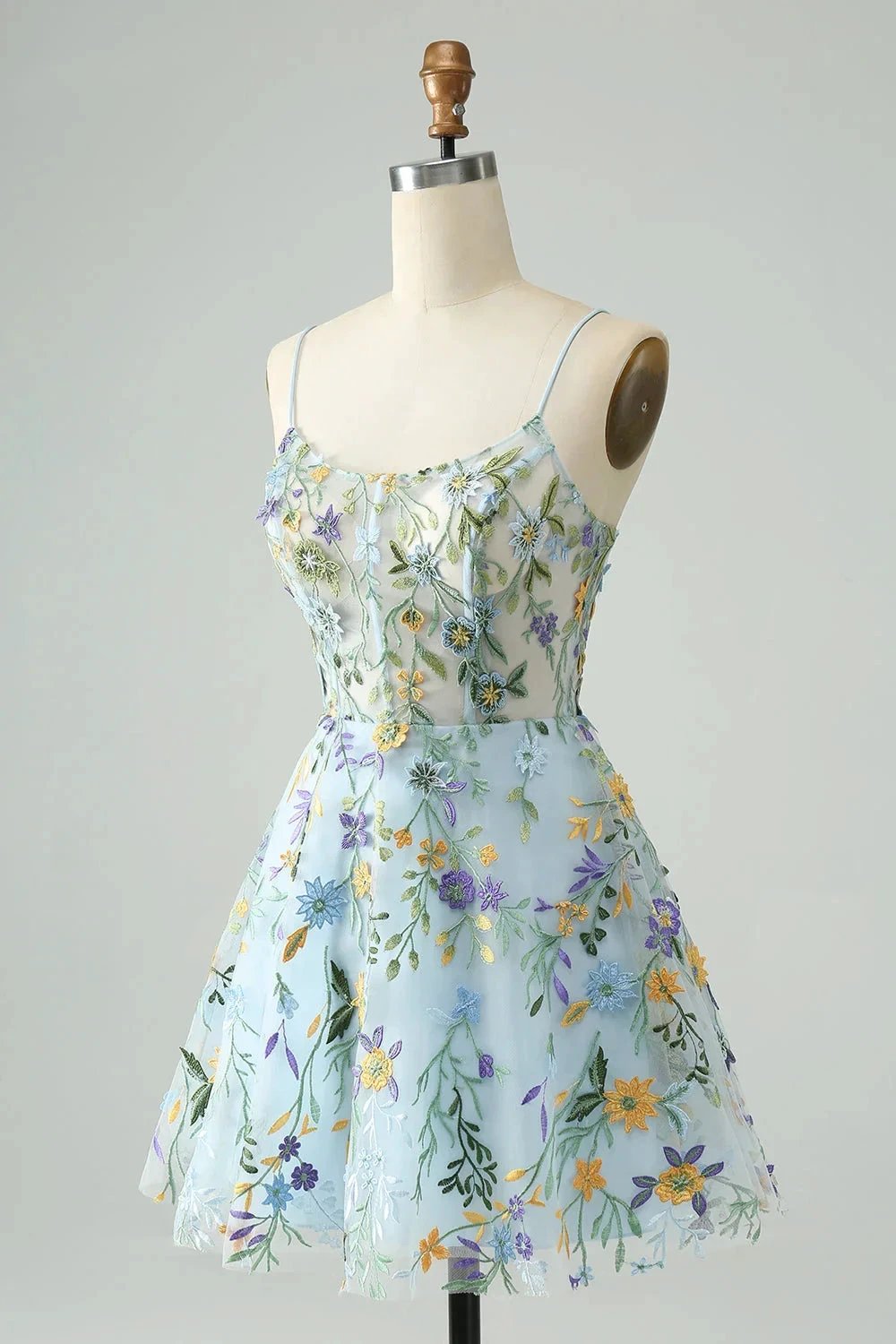 Blue Flower A Line Spaghetti Straps Corset Short Homecoming Dress with Embroidery by WEDTREND