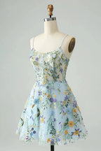 Blue Flower A Line Spaghetti Straps Corset Short Homecoming Dress with Embroidery by WEDTREND