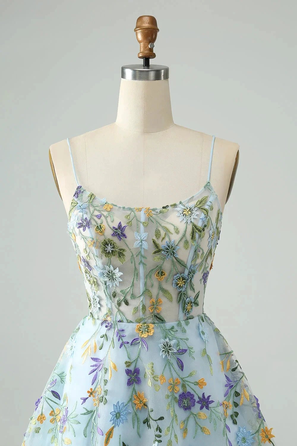 Blue Flower A Line Spaghetti Straps Corset Short Homecoming Dress with Embroidery by WEDTREND